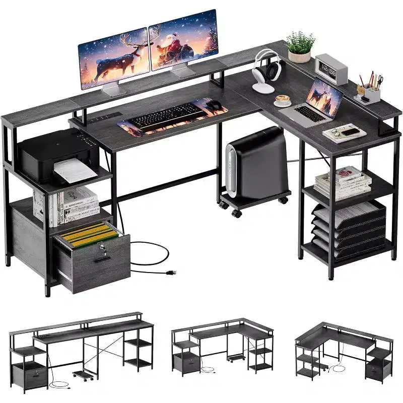 76 Grey L-Shaped Desk with Power Outlet, USB & Type-C Ports, Drawer, Monitor Shelf, Computer Desk for Home Office