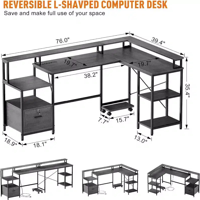 Bureau d'angle en L gris de 76 po avec prise de courant, ports USB et Type-C, tiroir, étagère pour moniteur, bureau d'ordinateur pour bureau à domicile