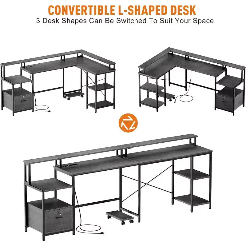 Bureau d'angle en L gris de 76 po avec prise de courant, ports USB et Type-C, tiroir, étagère pour moniteur, bureau d'ordinateur pour bureau à domicile