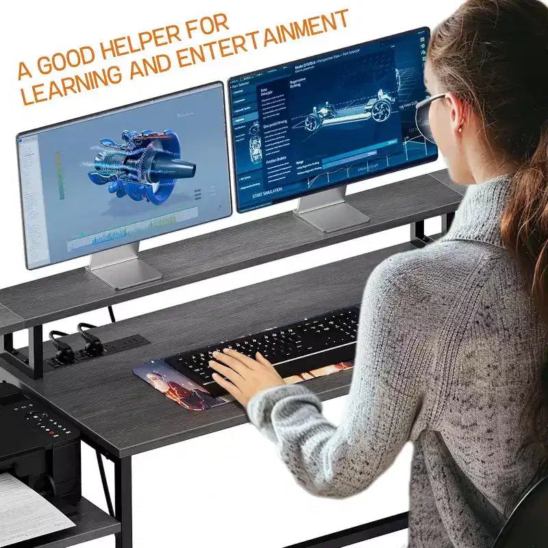 Bureau d'angle en L gris de 76 po avec prise de courant, ports USB et Type-C, tiroir, étagère pour moniteur, bureau d'ordinateur pour bureau à domicile