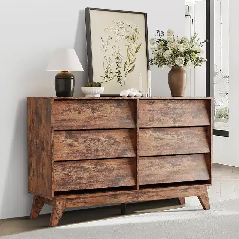 6 Drawer Dresser, 57 Wide Vintage Chest of Drawers with Bevel Design, Modern Dresser TV Stand for Bedroom, Living Room, Entryway and Closet