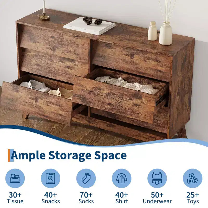 Commode à 6 tiroirs, commode vintage de 57 po de large avec design biseauté, meuble TV commode moderne pour chambre, salon, entrée et placard