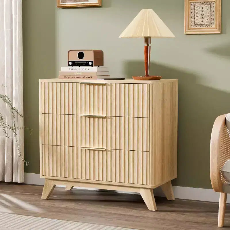 VINGLI 31.5W Tall Nightstand with Drawers, Fluted Nightstand Wood, Mid Century Modern Night Stand 3 Drawer