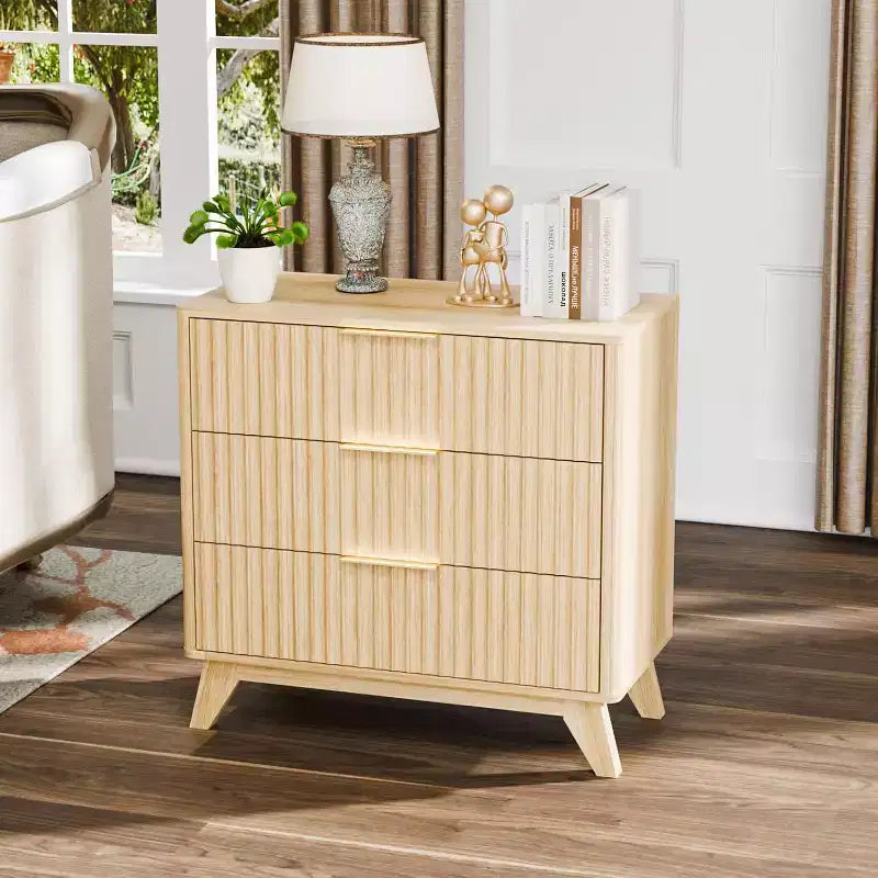Table de chevet haute 80 cm avec tiroirs, table de chevet cannelée en bois, table de chevet moderne du milieu du siècle à 3 tiroirs