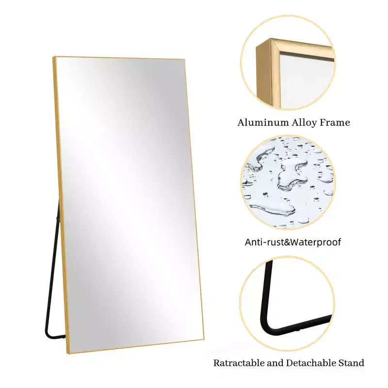 Miroir pleine longueur rectangulaire 71x31 en aluminium à bords fins, avec support