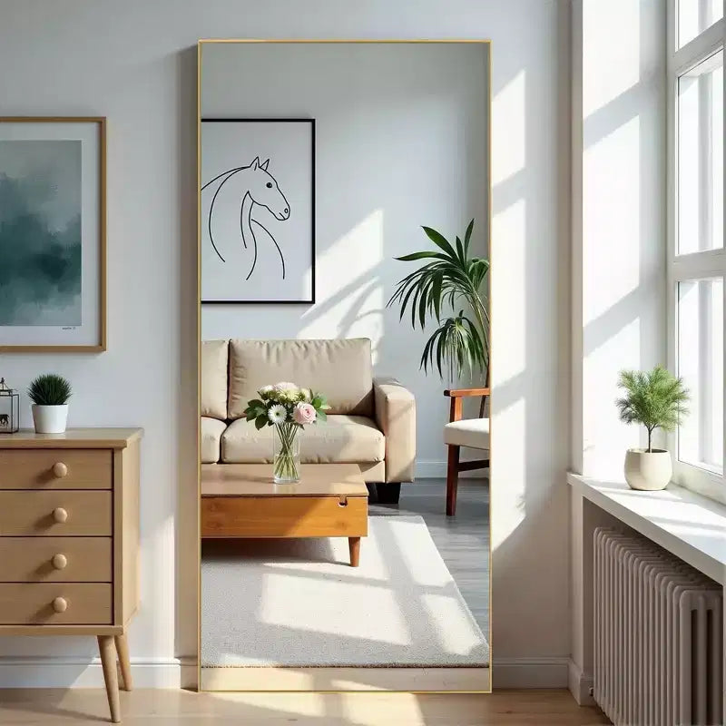 Miroir pleine longueur rectangulaire 71x31 en aluminium à bords fins, avec support