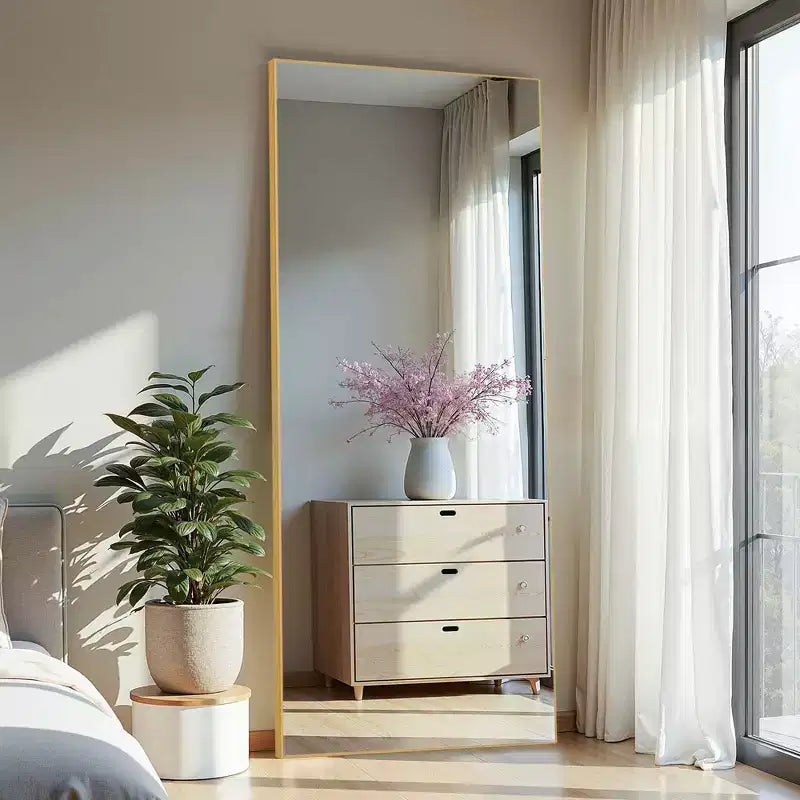 Miroir pleine longueur rectangulaire 71x31 en aluminium à bords fins, avec support