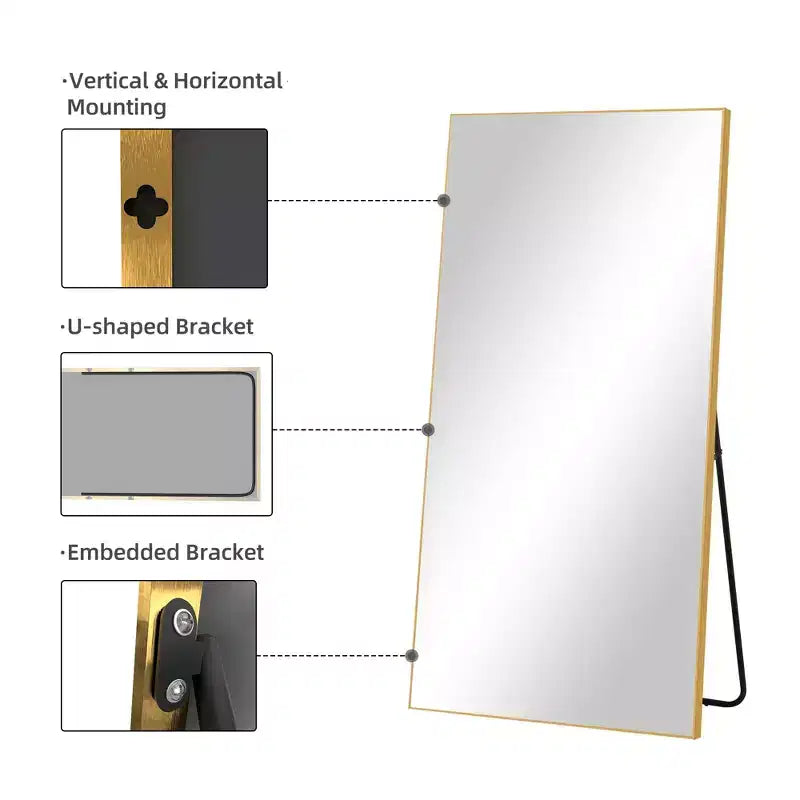 Miroir pleine longueur rectangulaire 71x31 en aluminium à bords fins, avec support