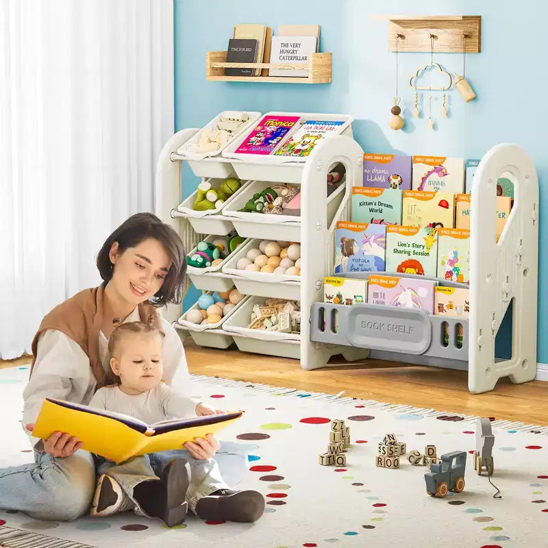 Étagère à Livres et Organiseur de Jouets 2-en-1 avec Bacs de Rangement, en PEHD Blanc