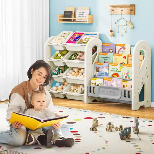 Étagère à Livres et Organiseur de Jouets 2-en-1 avec Bacs de Rangement, en PEHD Blanc