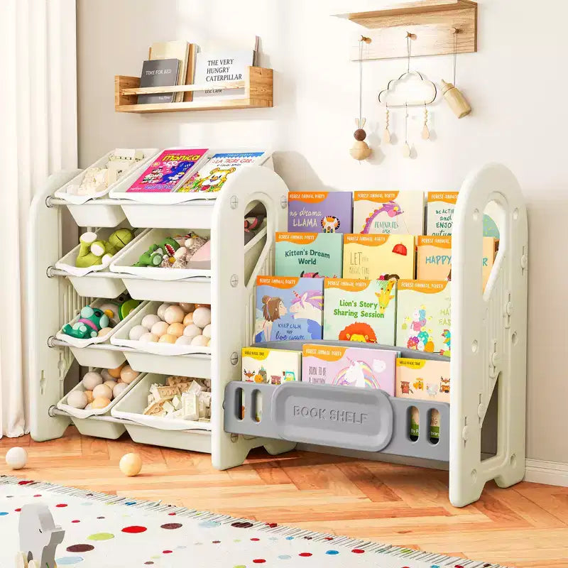 Étagère à Livres et Organiseur de Jouets 2-en-1 avec Bacs de Rangement, en PEHD Blanc