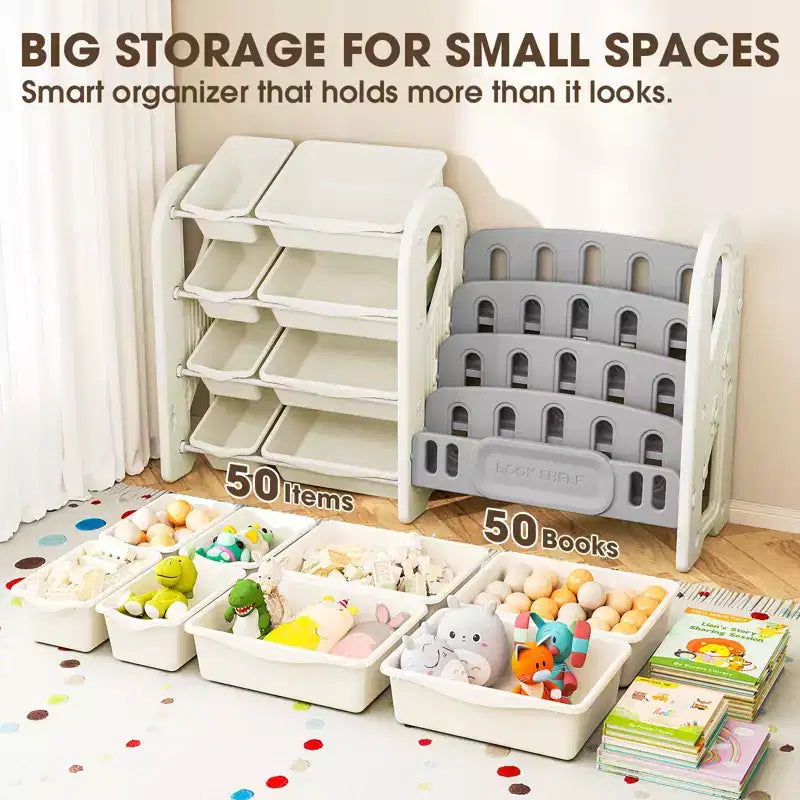 Étagère à Livres et Organiseur de Jouets 2-en-1 avec Bacs de Rangement, en PEHD Blanc