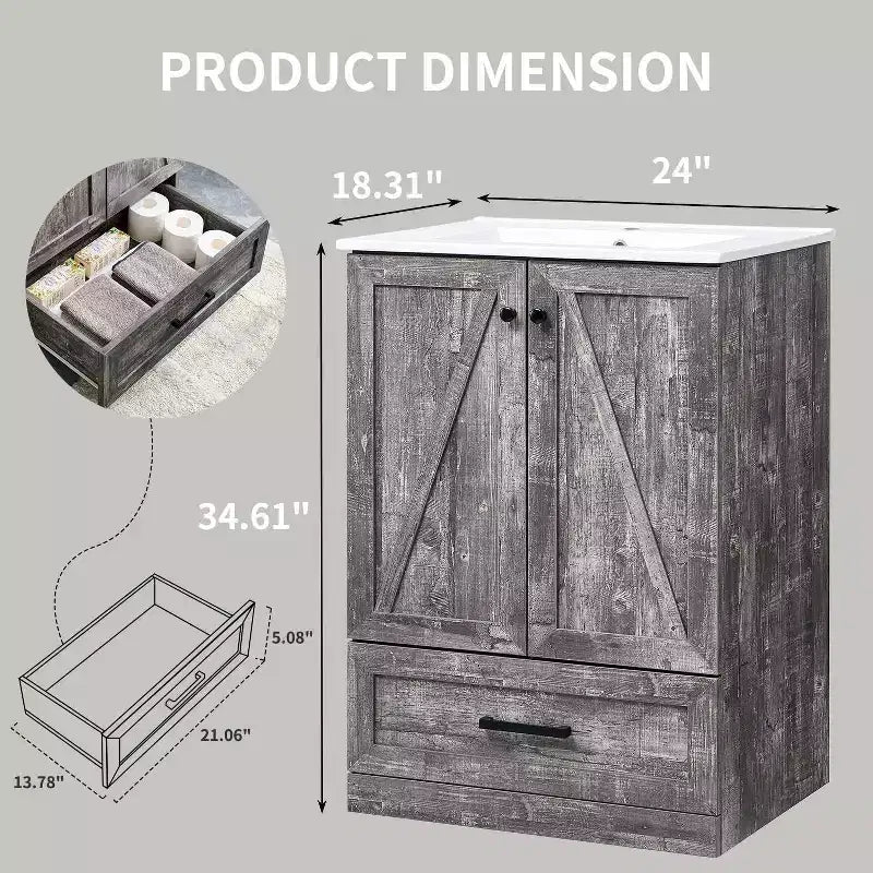 Meuble sous-vasque de salle de bain de 61 cm style ferme avec lavabo, meuble de salle de bain avec grand tiroir de rangement