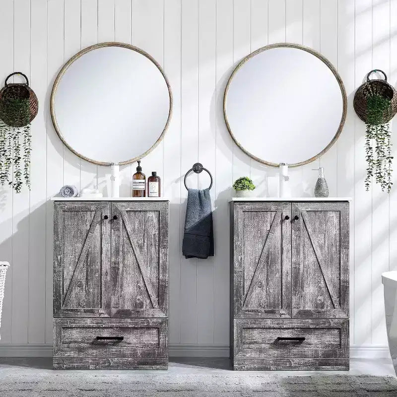 Meuble sous-vasque de salle de bain de 61 cm style ferme avec lavabo, meuble de salle de bain avec grand tiroir de rangement