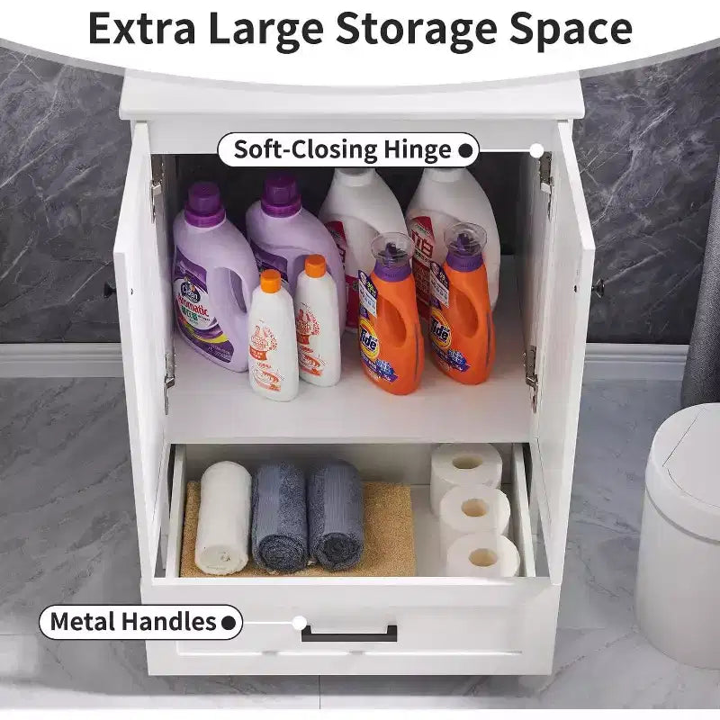 Meuble sous-vasque de salle de bain de 61 cm style ferme avec lavabo, meuble de salle de bain avec grand tiroir de rangement
