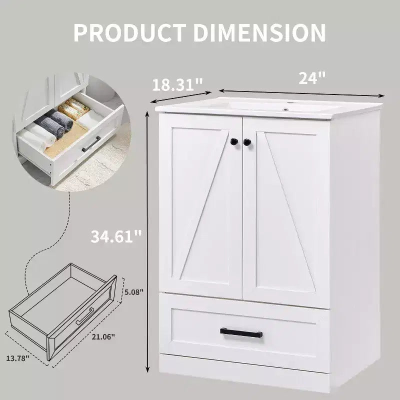Meuble sous-vasque de salle de bain de 61 cm style ferme avec lavabo, meuble de salle de bain avec grand tiroir de rangement