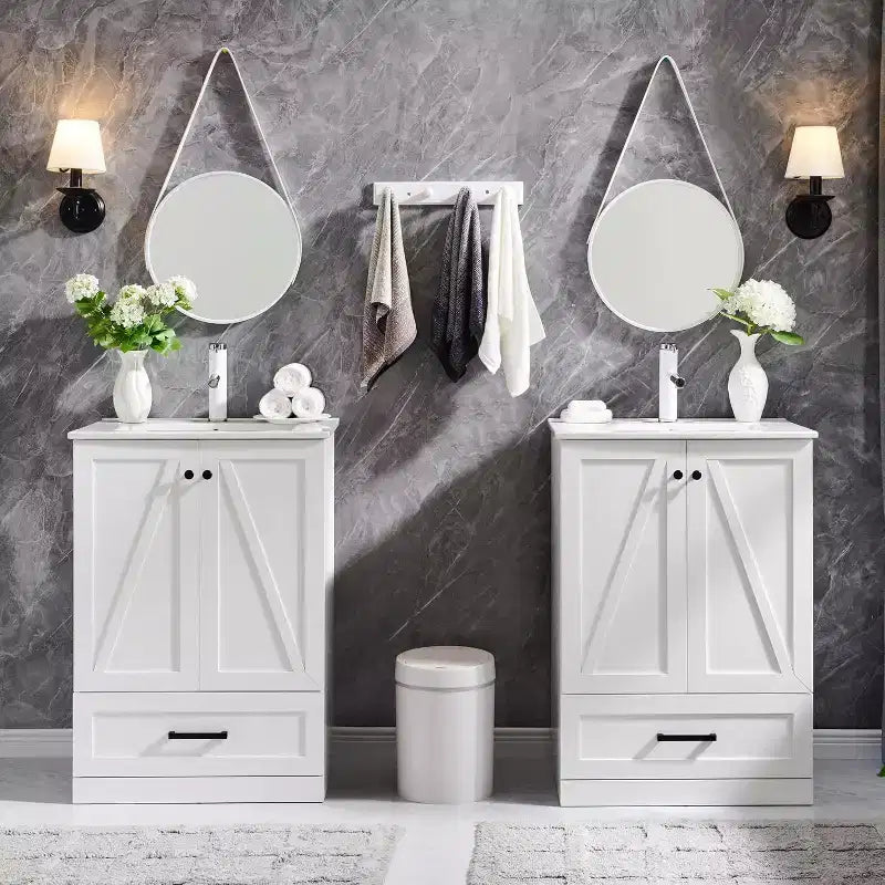 Meuble sous-vasque de salle de bain de 61 cm style ferme avec lavabo, meuble de salle de bain avec grand tiroir de rangement
