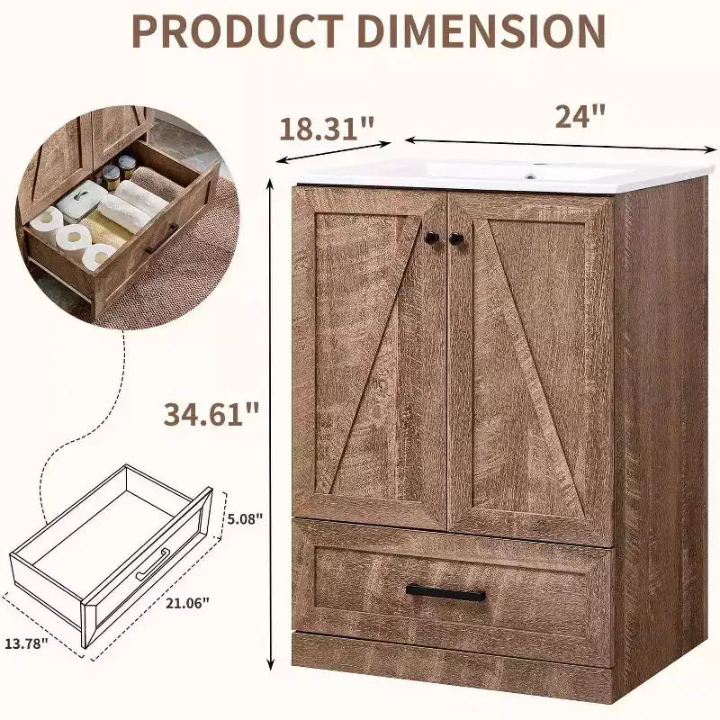 Meuble sous-vasque de salle de bain de 61 cm style ferme avec lavabo, meuble de salle de bain avec grand tiroir de rangement
