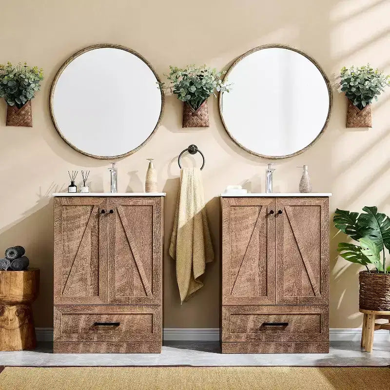 Meuble sous-vasque de salle de bain de 61 cm style ferme avec lavabo, meuble de salle de bain avec grand tiroir de rangement