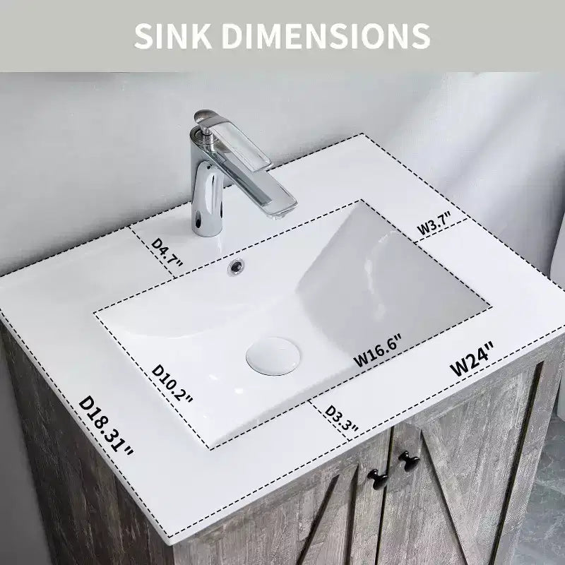 Meuble sous-vasque de salle de bain de 61 cm style ferme avec lavabo, meuble de salle de bain avec grand tiroir de rangement
