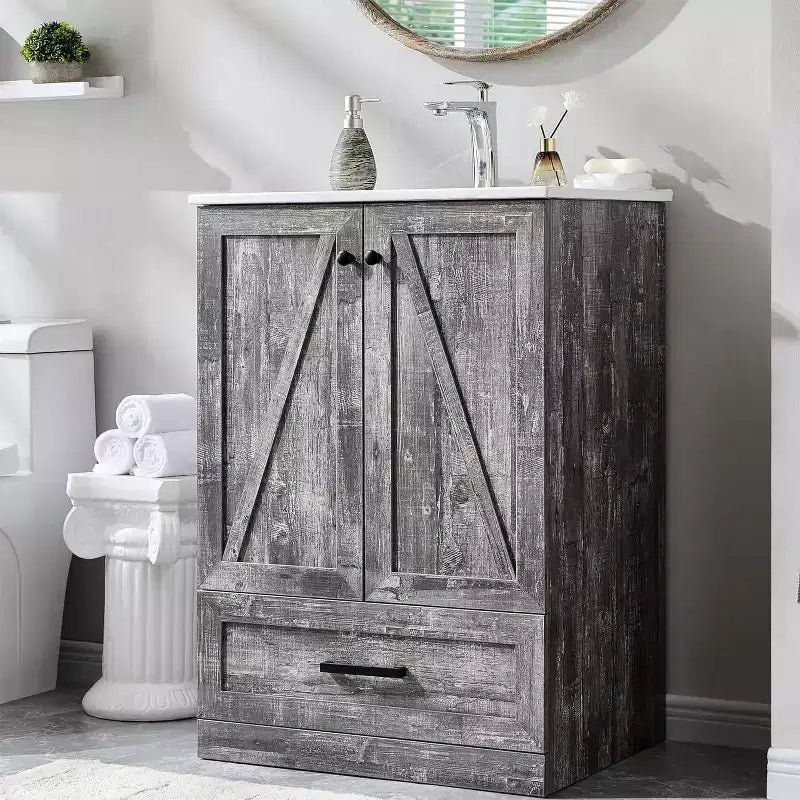 Meuble sous-vasque de salle de bain de 61 cm style ferme avec lavabo, meuble de salle de bain avec grand tiroir de rangement
