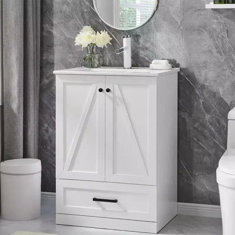 Meuble sous-vasque de salle de bain de 61 cm style ferme avec lavabo, meuble de salle de bain avec grand tiroir de rangement