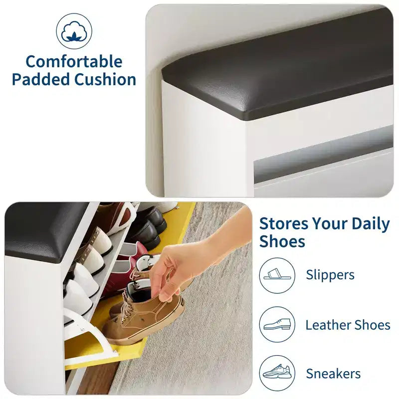 Banc de rangement pour chaussures de 80 cm, Banc de rangement pour chaussures blanc moderne avec tiroir basculant et coussin en PU, Meuble à chaussures d'entrée moderne pour couloir