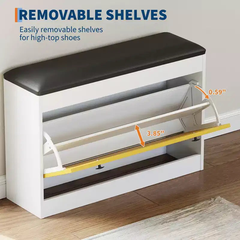 Banc de rangement pour chaussures de 80 cm, Banc de rangement pour chaussures blanc moderne avec tiroir basculant et coussin en PU, Meuble à chaussures d'entrée moderne pour couloir