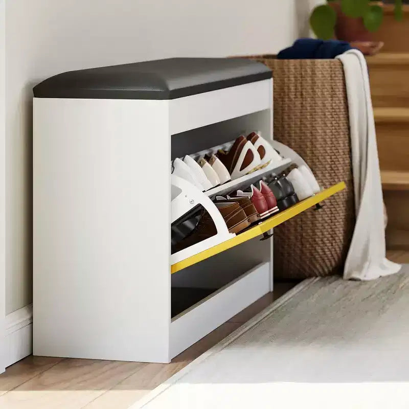 Banc de rangement pour chaussures de 80 cm, Banc de rangement pour chaussures blanc moderne avec tiroir basculant et coussin en PU, Meuble à chaussures d'entrée moderne pour couloir