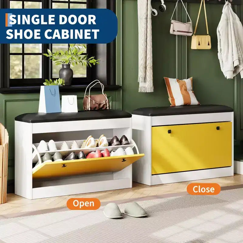 Banc de rangement pour chaussures de 80 cm, Banc de rangement pour chaussures blanc moderne avec tiroir basculant et coussin en PU, Meuble à chaussures d'entrée moderne pour couloir