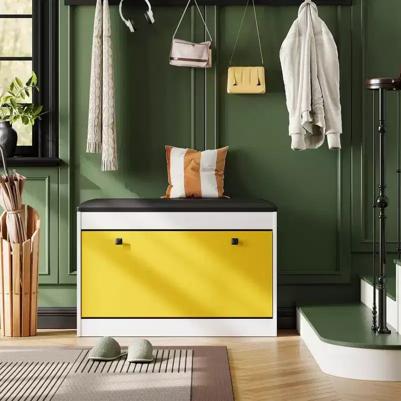 Banc de rangement pour chaussures de 80 cm, Banc de rangement pour chaussures blanc moderne avec tiroir basculant et coussin en PU, Meuble à chaussures d'entrée moderne pour couloir