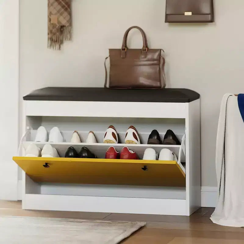Banc de rangement pour chaussures de 80 cm, Banc de rangement pour chaussures blanc moderne avec tiroir basculant et coussin en PU, Meuble à chaussures d'entrée moderne pour couloir