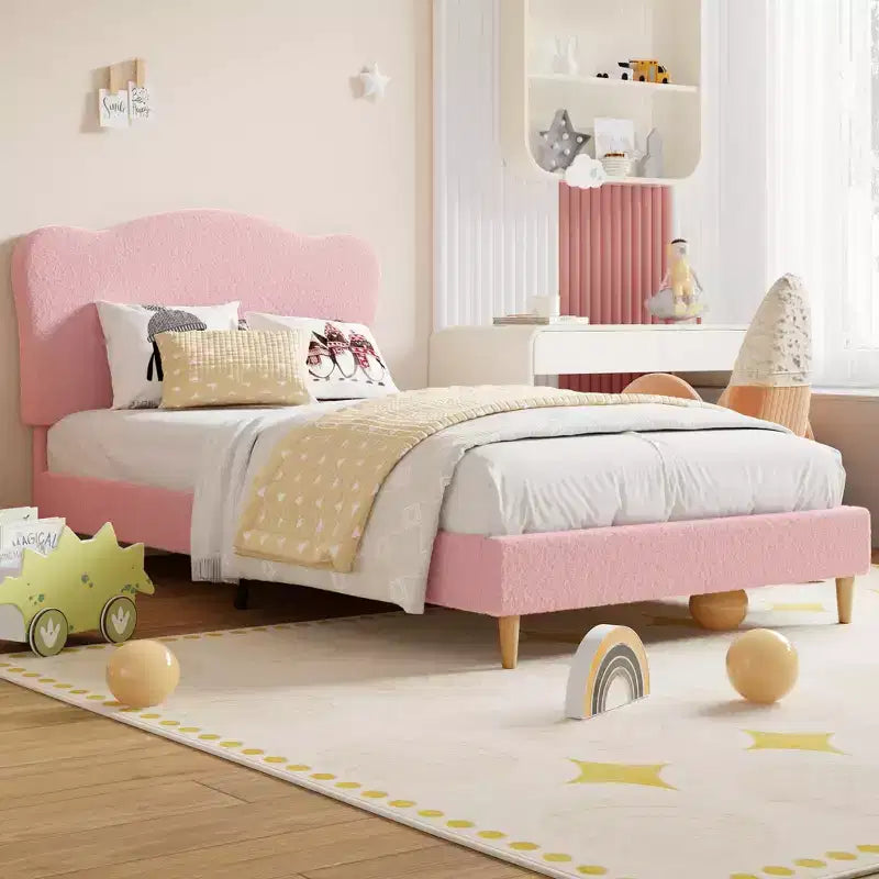 Upholstered Twin Size Bed Frame for Kids with Scallop Headboard, Cute Velvet Twin Bed for Girls, Boys, Sturdy Platform Bed, Pink