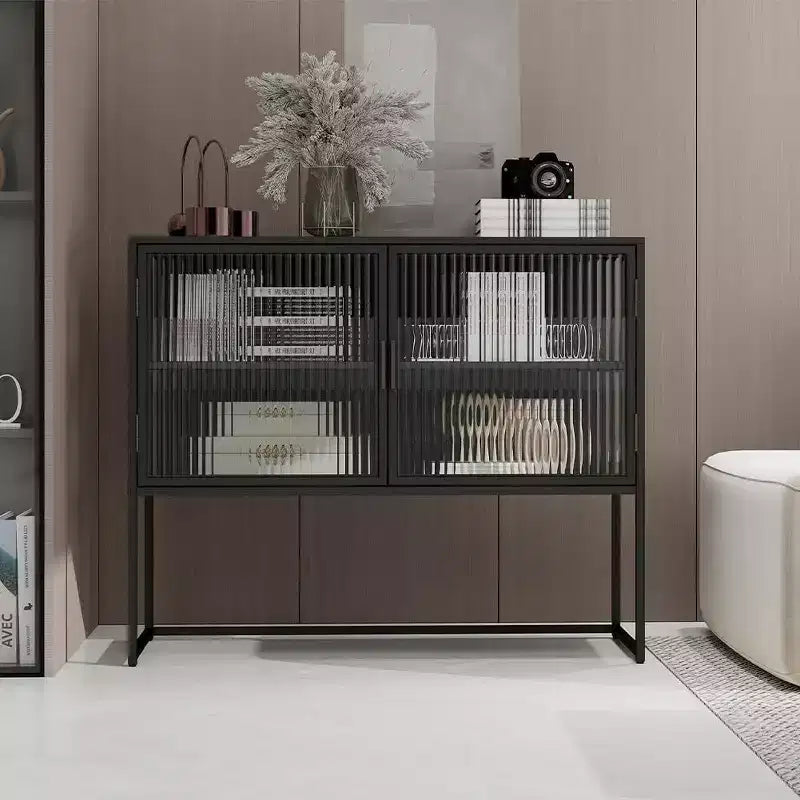 Contemporary Display Cabinet, 2-Tier Freestanding Storage Unit with Glass Doors & Metal Frame, Kitchen Buffet Sideboard for Living Spaces