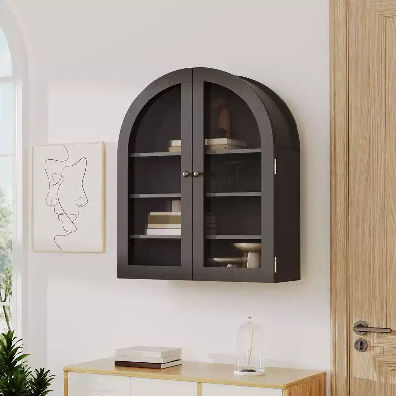 Small Arched Wall Cabinet with Glass Doors, 24 Wall-Mounted Storage Cabinet with Adjustable Shelf, for Kitchen, Bathroom, Laundry Room