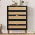 Rattan 5 Drawer Dresser, 44'' Tall Narrow Chest of Drawer, Farmhouse Wooden Storage Cabinet with Metal Legs and Handles, Modern Dresser for Bedroom