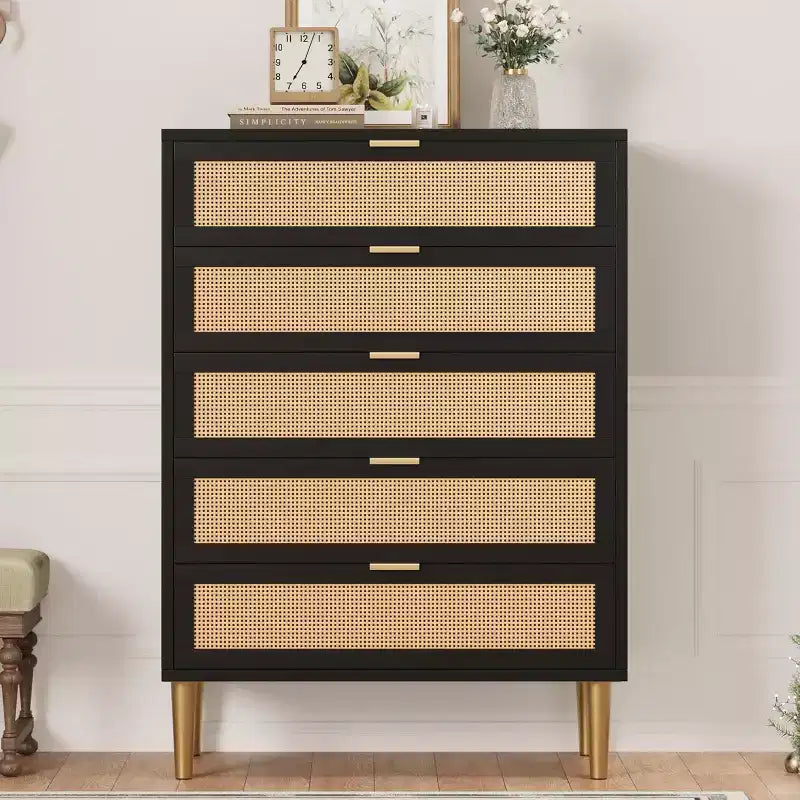 Rattan 5 Drawer Dresser, 44'' Tall Narrow Chest of Drawer, Farmhouse Wooden Storage Cabinet with Metal Legs and Handles, Modern Dresser for Bedroom
