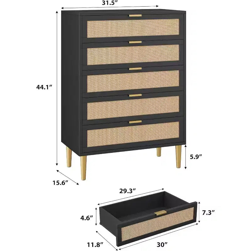 Commode 5 tiroirs en rotin, Armoire de rangement étroite de 112 cm de haut