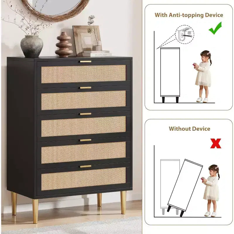 Commode 5 tiroirs en rotin, Armoire de rangement étroite de 112 cm de haut