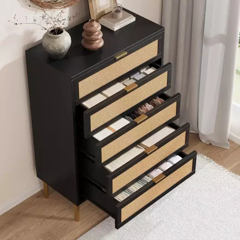 Commode 5 tiroirs en rotin, Armoire de rangement étroite de 112 cm de haut