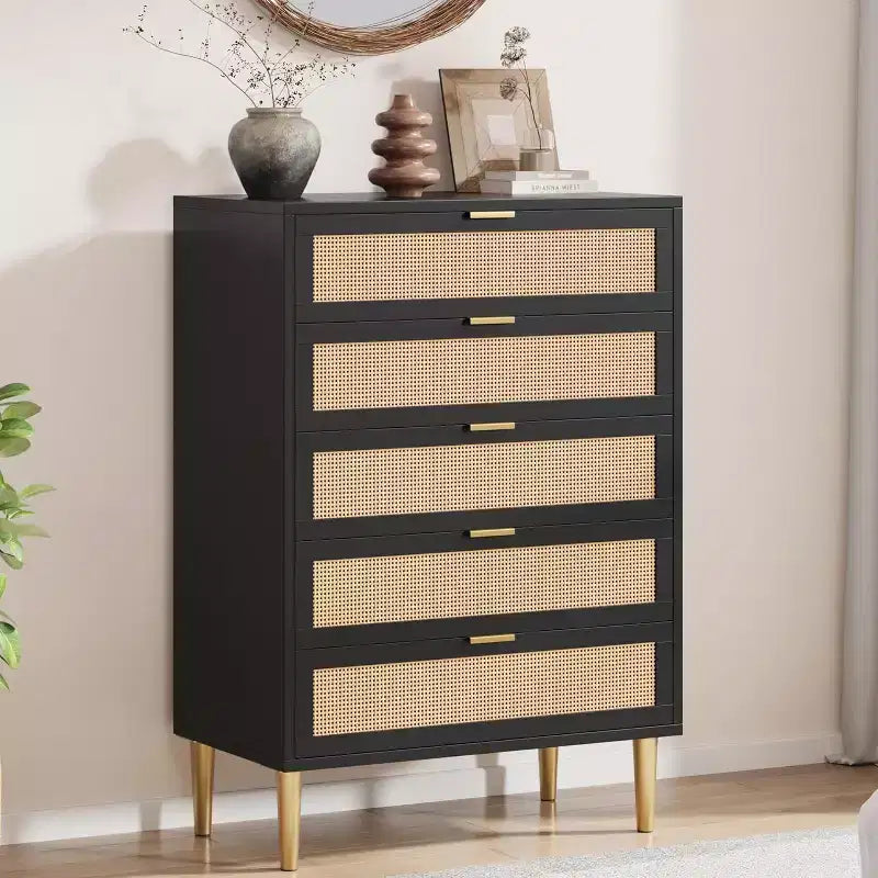 Commode 5 tiroirs en rotin, Armoire de rangement étroite de 112 cm de haut