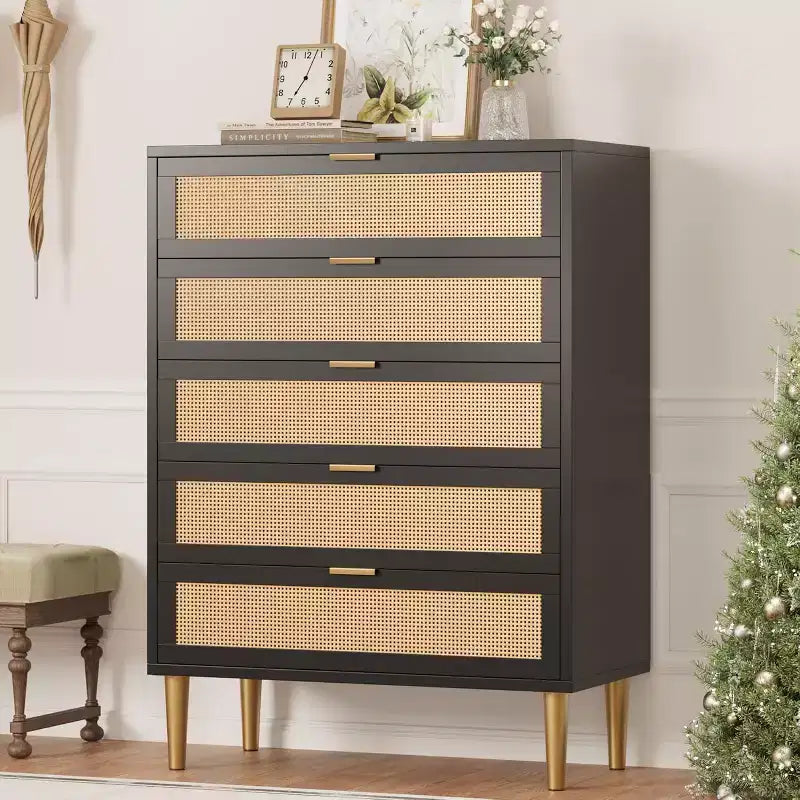 Commode 5 tiroirs en rotin, Armoire de rangement étroite de 112 cm de haut