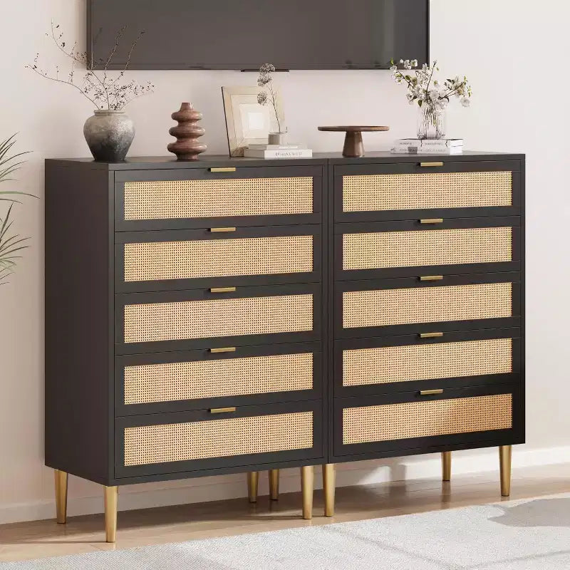 Commode 5 tiroirs en rotin, Armoire de rangement étroite de 112 cm de haut