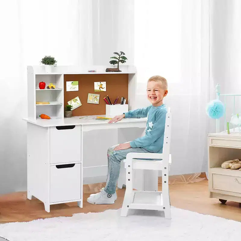 White Study Desk and Chair Set with Bookshelf, Bulletin Board, and Cabinets - Ideal for Boys and Girls Ages 3-8