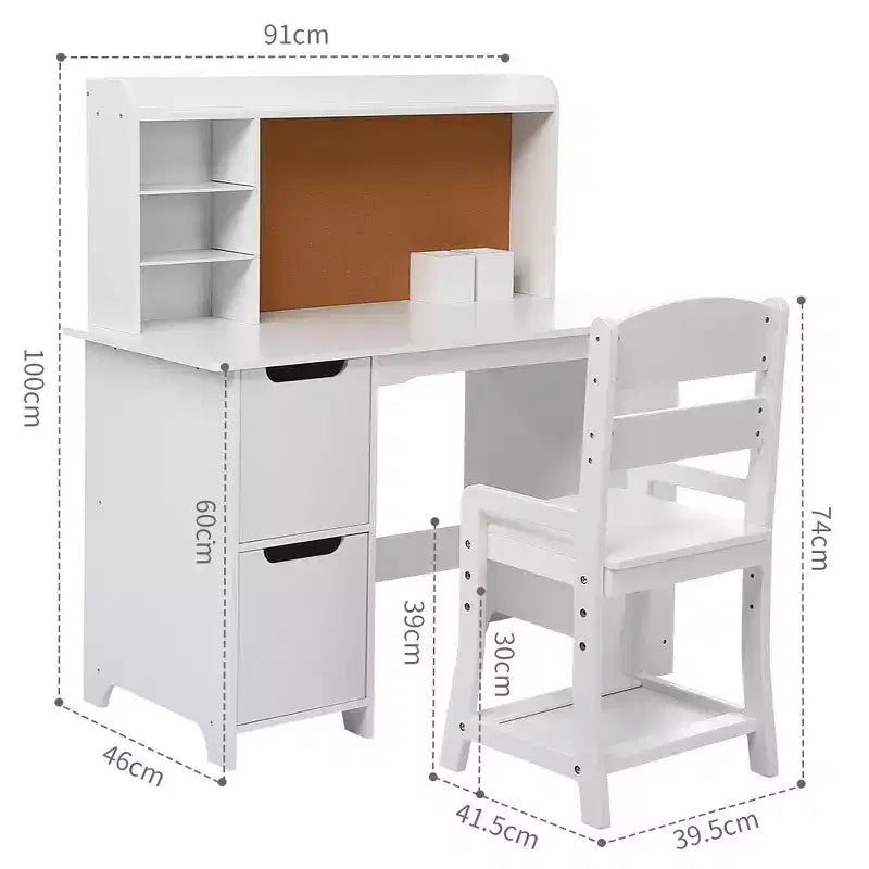 Ensemble bureau et chaise blancs avec étagère, tableau d'affichage et armoires