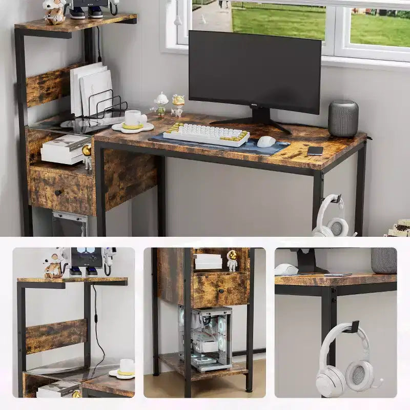 Bureau d'ordinateur rustique avec étagères de rangement pour bureau à domicile