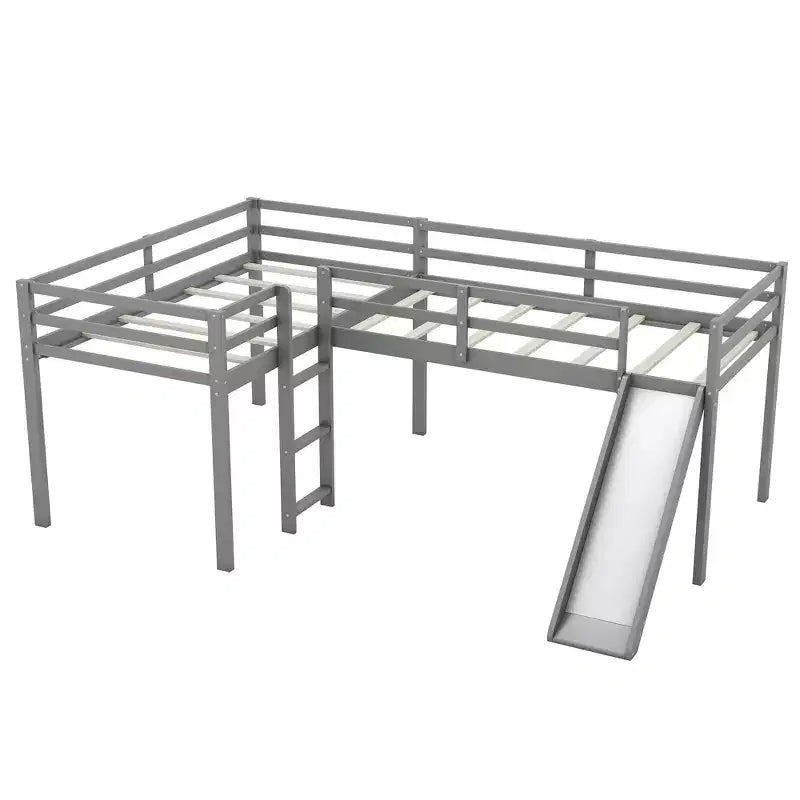 Lit superposé double en bois de taille simple avec toboggan, lit mezzanine en forme de L