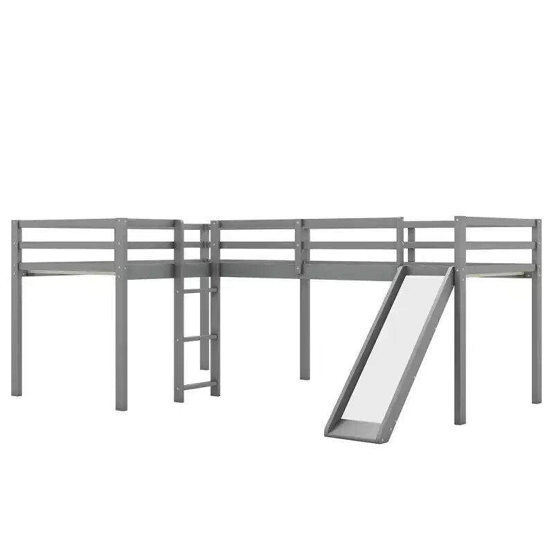 Lit superposé double en bois de taille simple avec toboggan, lit mezzanine en forme de L
