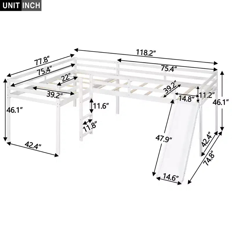 Lit superposé double en bois de taille simple avec toboggan, lit mezzanine en forme de L