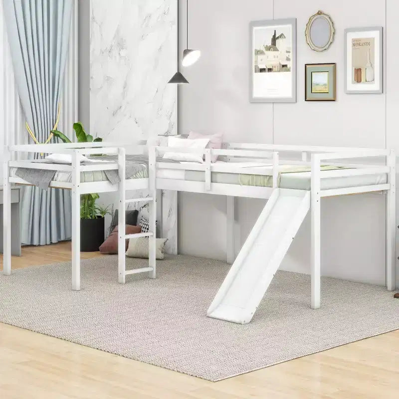 Lit superposé double en bois de taille simple avec toboggan, lit mezzanine en forme de L